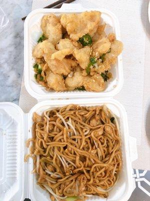 Salt & pepper fried fish and Chicken chow mein