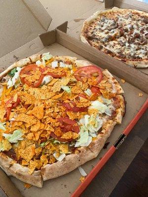 Taco pizza and sausage (right)