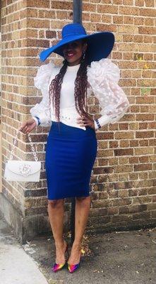 Blue skirt and matching blue hat with a beautiful white blouse