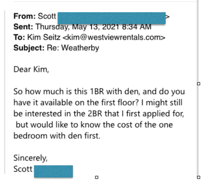 Responding to Kim when she write sharing about 1 bedroom, but doesn't include pricing.