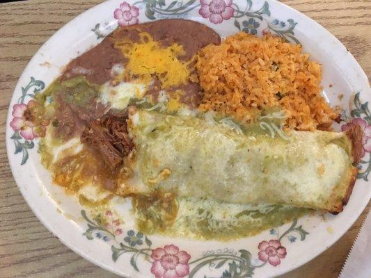 Smothered burrito with green sauce.