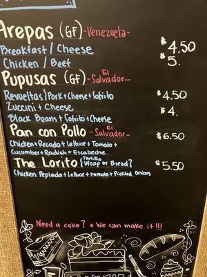 Menu of central and south american food offerings, 12/08/23