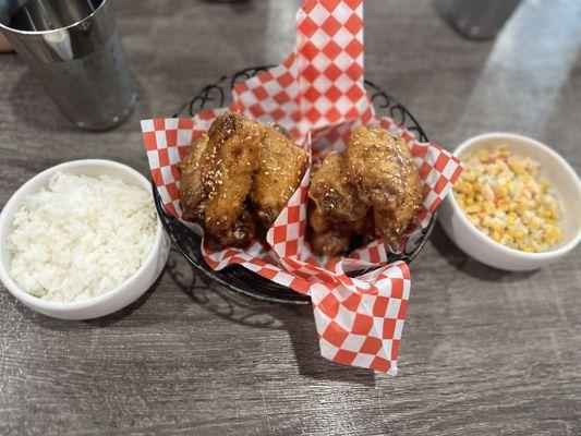 Half honey half original soy wings w/ rice and corn salad