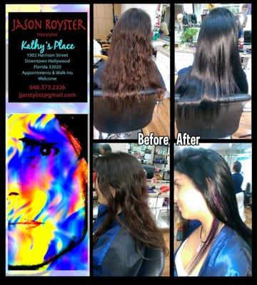 Color, special effect streak (purple), cut and style.