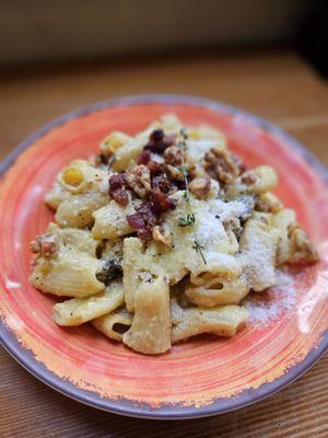 From the Farm: Rigatoni with morels, pancetta, walnuts, ricotta, and saffron