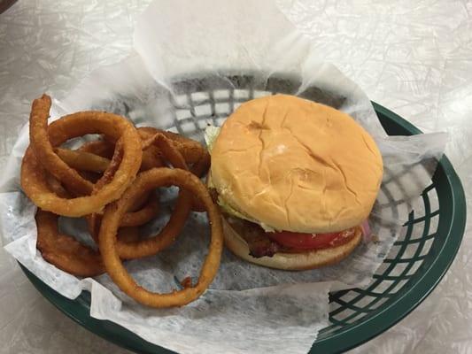 Chicken sandwich and onion rings