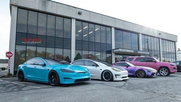 Just a few of our RAD Design vehicles in front of our new Beachwood Studio