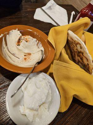 Baby hummus,  garlic, and bread basket