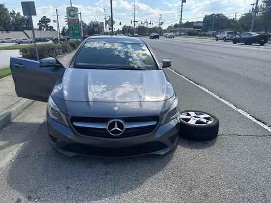 My tire rolled off into traffic and rolled back to me