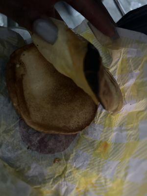 A burnt Egg And Cheese   Biscuit on a bun be forreal ??