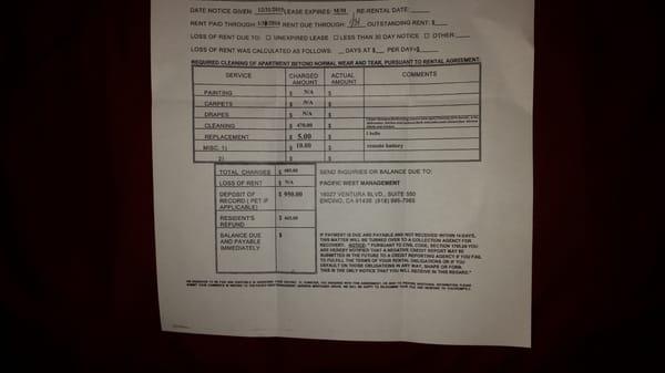 This is NOT itemized and there was no interest accrued on my deposit, as per the Rent Stabilization Ordnance of Los Angeles County.