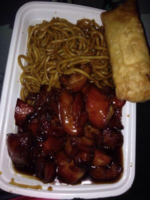 $11: bourbon chicken, lo mein, and shrimp roll with no drink