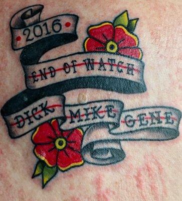 A tattoo in memory of my three closest friends who all died within weeks of each other.