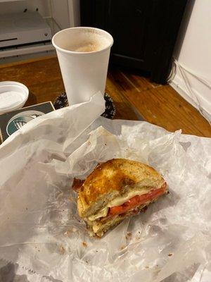 Bagel Grilled Cheese Sandwich and a chai latte