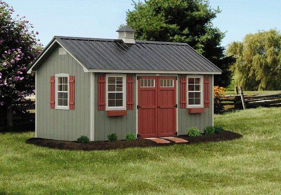 12x16 Lancaster with optional windows, shutters, transom doors, cupola metal roof and flower boxes