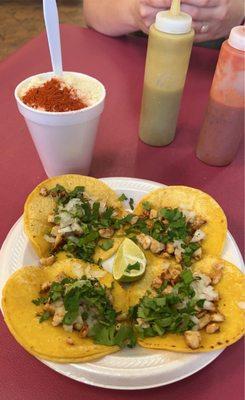 Chicken tacos and elote