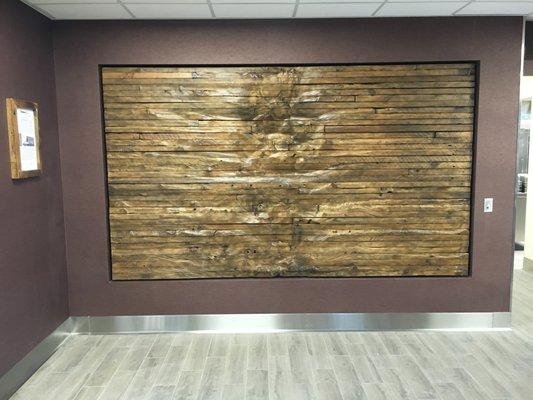 UMD Great Lakes Dining Hall Reclaimed grain sculpted panel from the Globe grain elevator in Superior WI