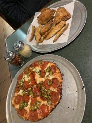 Pizza , chicken and wedges