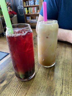 fruit tea with boba & iced latte