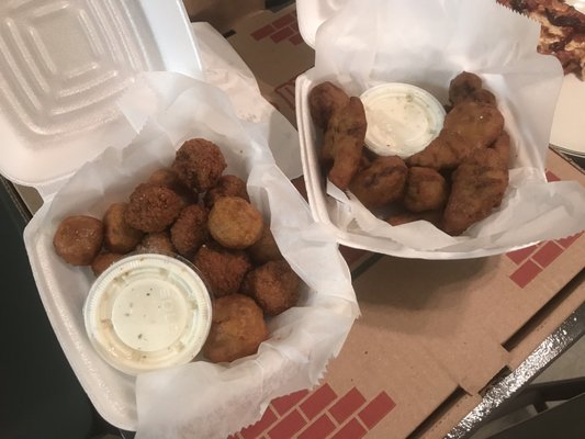 Broccoli bites and fried mushrooms.