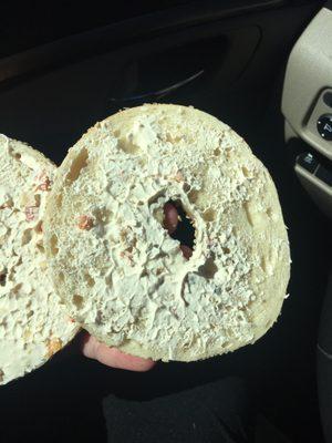 Ordered a bagel with veggie cream cheese. Quick, pull out the magnifying glass to locate the spread.