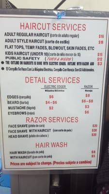 Menu of services.