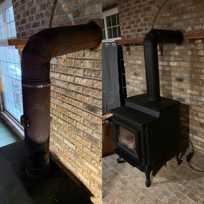 Old wood stove and pipe replaced with new wood stove and pipe