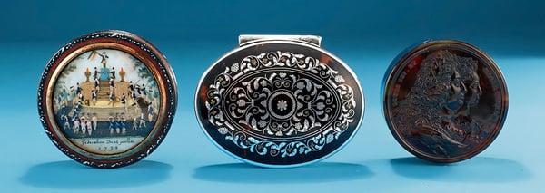 French Papier Mache Snuff Box, c1790; Queen Anne Tortoiseshell and Silver Pique Snuff Box, England C. 1708; Moulded Totroiseshell snuffbox.