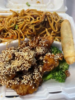 C14, Sesame Chicken with lo mein subbed in for the rice (+$2.99) and spring roll - very yum