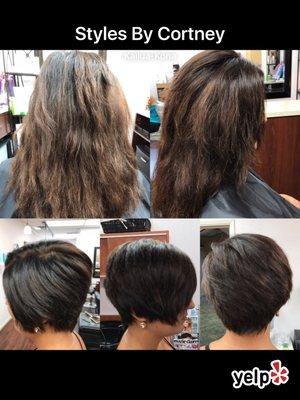 Before and after.I did a pretty chocolate brown all over color on her hair and a pixie cut