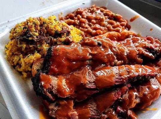 Beef Brisket Dinner w/ Rib-Tip Perlo Rice & Bbq Baked Beans