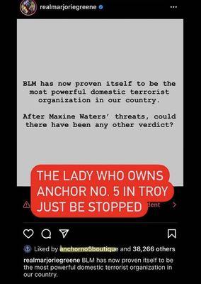 Instagram Account of Anchor no 5 Boutique publicly supporting false and harmful narratives.