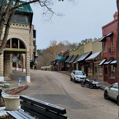 Looking toward hotel entrance and shops across the street. The Basin Park Hotel is very conveniently located in the heart of downtown.