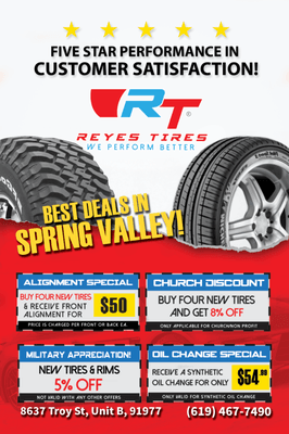 New Promotions are Rolling Out for Reyes Tires Inc. Come and check it out!