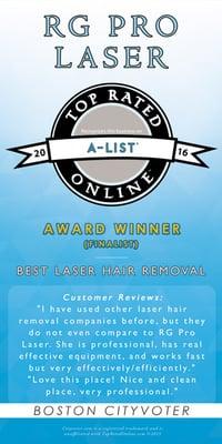 Award Winner Finalist on BOSTON A LIST. Thank you everyone for taking the time to vote for RG PRO LASER. We truly appreciate it.