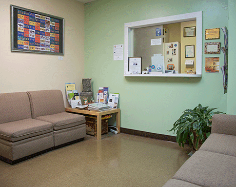 This is our waiting room where we offer complimentary alkaline water