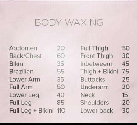 Waxing & Shaving Price List