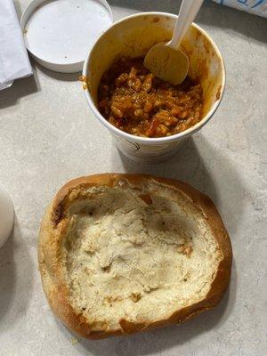 Bread bowl bottom and the stuffed pepper soup