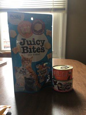 Some of my purchases - cat treats and canned cat food.