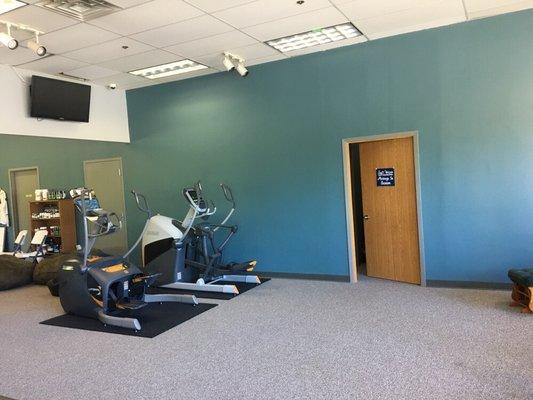 Fitness area is all to the left along w restrooms.