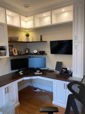 Marlton, NJ Custom built-in home office made with maple wood, painted in white with walnut stained desktop.