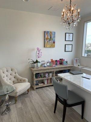 Dr Coe's light, bright office space where you will sit with her for consultations.