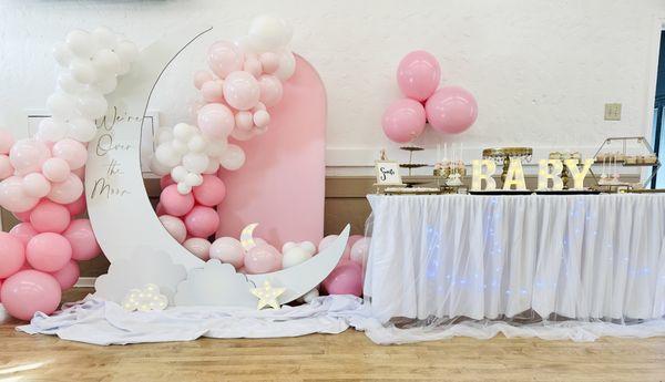 Over the moon  baby shower and dessert set up