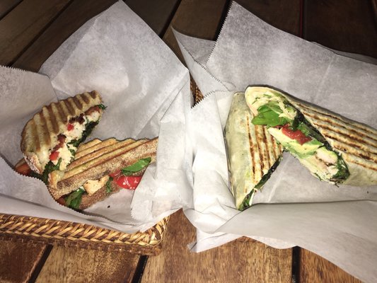 oven roasted chicken wrap with added avocado (right) and oven roasted chicken panini with bacon (left)