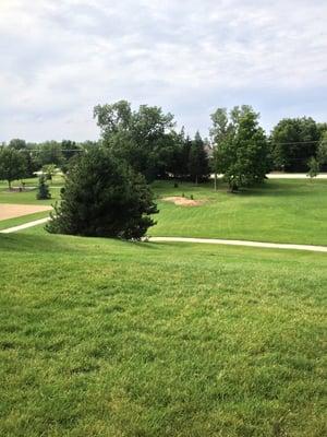 From the top of sledding hill, further than pic looks.