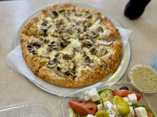 White Pizza with mushrooms and Greek Salad (Not shown: Ham and Lima Bean Soup)