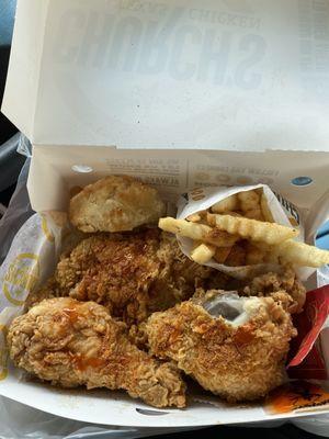 3 piece mixed with fries and biscuit