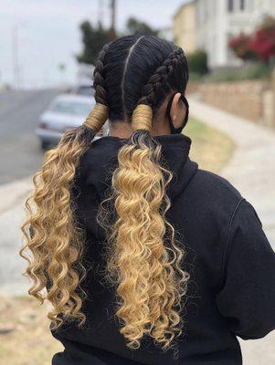 2 cornrows | 2 curly ponytails | hair extensions