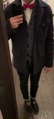 The cardigan underneath the coat is the one I got from here. It fits great and makes me feel very confident!