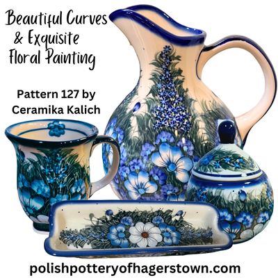 Kalich Polich Pottery 127 in Blues. Wildflowers pitcher, mug, sugar bowl, corn tray.